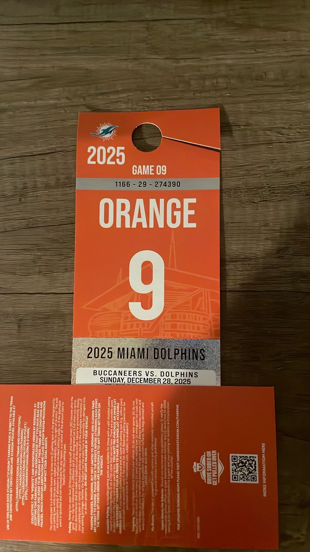 Buccaneers Vs Dolphins Orange Parking Pass