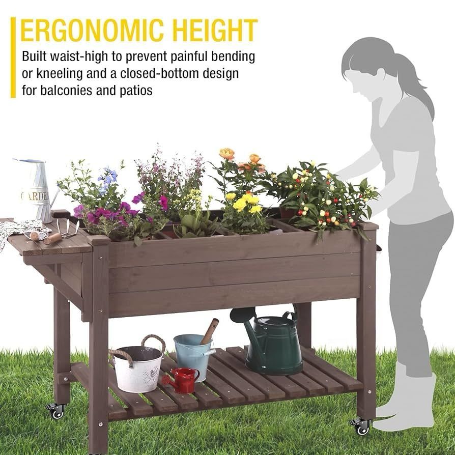 Raised Garden Bed on Wheels, Elevated Plant Boxes Outdoor Large with Grow Grid - with Large Storage Shelf 52.7" x 22" x 30"