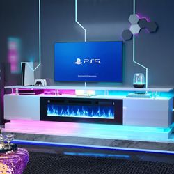 80" Modern Fireplace TV Stand for TVs up to 90", White Entertainment Center with Black Electric Fireplace,Storage Cabinets&Adjustable LED Light, Media