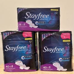 108 Stayfree ultra thin pads with wings overnight (2 x 40 count + 1 x 28 count)