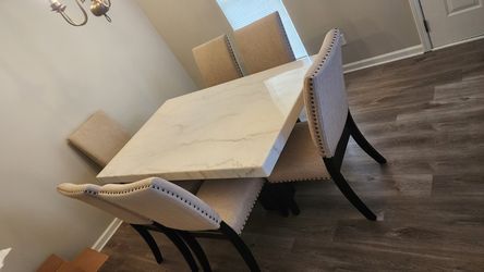 7-Piece Dining Set – White Marble-Look Table + 6 Beige Chairs — $950