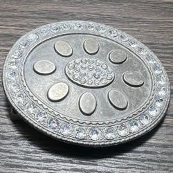 Vintage Western Flower Rhinestone Antique Silver-Tone Metal Oval Belt Buckle