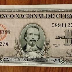 1960 Cuba Vintage 10 Pesos Bill Banknote Currency 