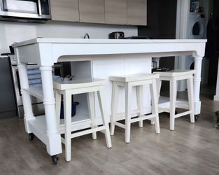 Kitchen island with bar and three barstools (mobile/rolling)