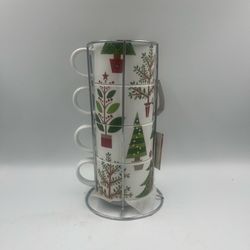 Vintage Pier 1 Christmas Tree Stacking Mugs  with metal rack 1990’s era NWT