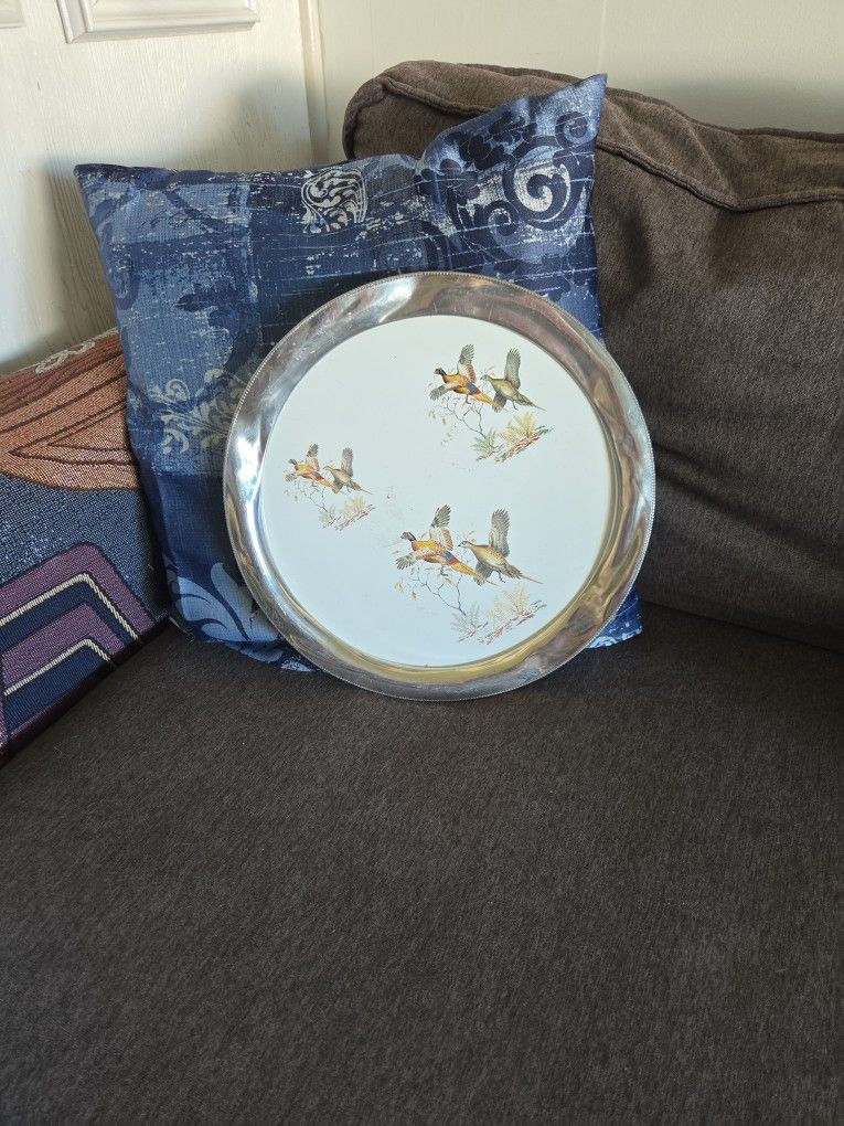 Revere Ware MCM Ceramic and Metal Serving Tray Pheasants and Quails