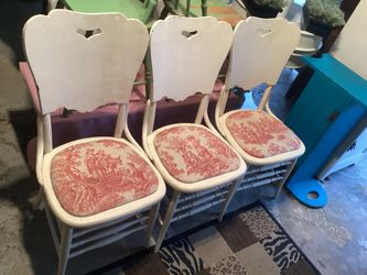 3VINTAGE shabby chic chairs all wood upholstered seats solid sturdy 27T-17.5W-16D …great for their age unbelievable,