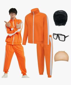 New Adult Halloween Costumes for Men, Family Orange Zip-Up Tracksuit with Black Wig Cap & Glasses, XL