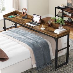 New Height Adjustable Queen Size Overbed Table Desk with Wheels, Outlets & USB Ports Rustic Brown