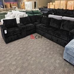 Black jumbo corduroy sectional sofa