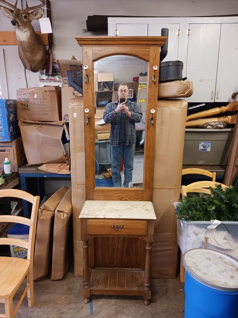 Antique Mirror Hat and Coat Rack With Drawer