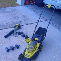 Ryobi Mower And Batteries With Charger
