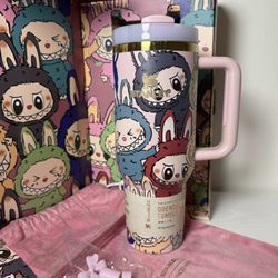 Valentine’s Day Gift Cute 40oz Insulated Tumbler with Handle | Pink Cartoon Style | Gift Ready