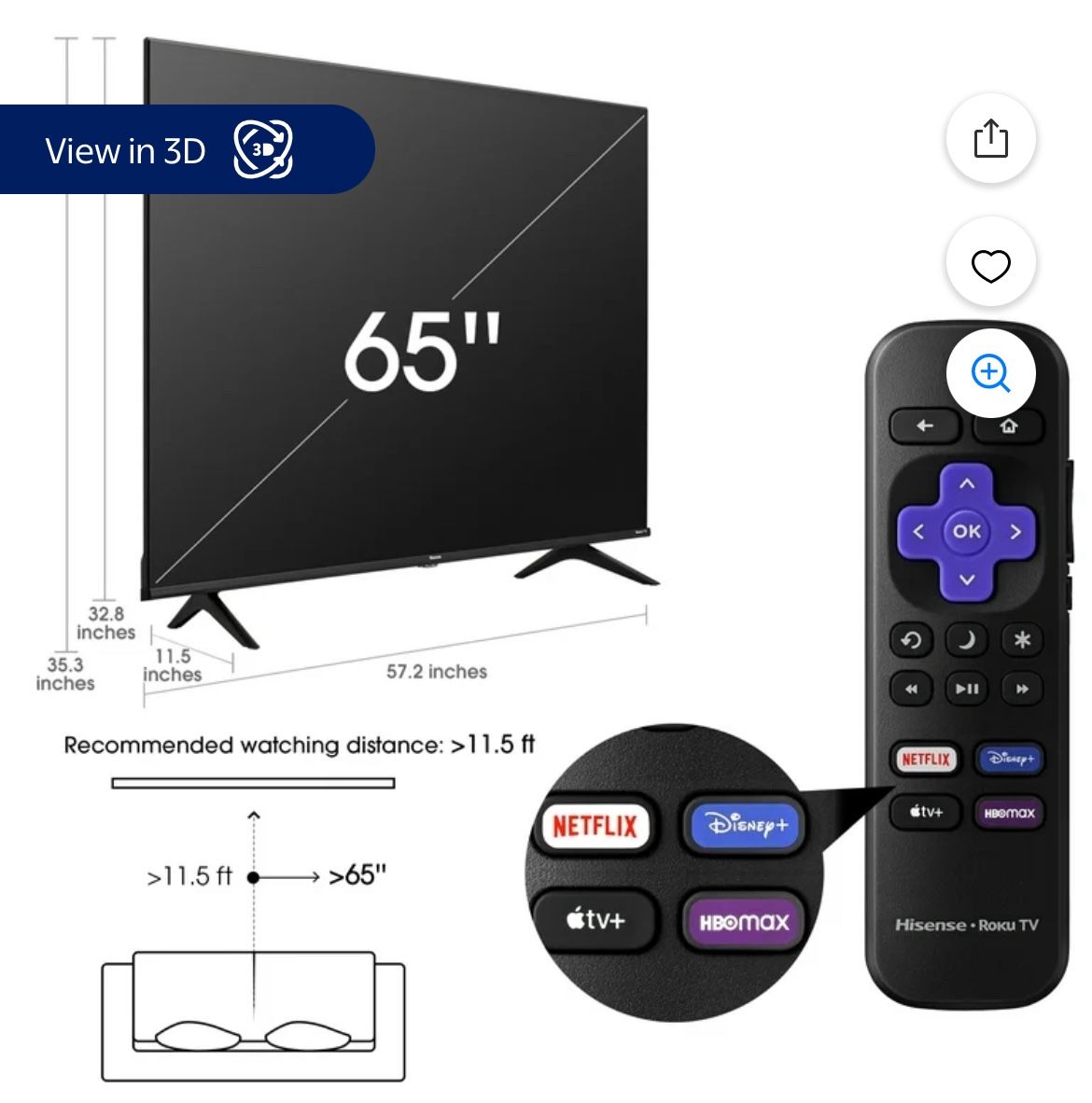 onn 65” Class 4K UHD (2160P) LED Roku Smart Television HDR (100012587)