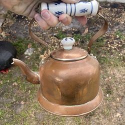 Vintage Copper tea Kettle With Ceramic Blue And White Handle
