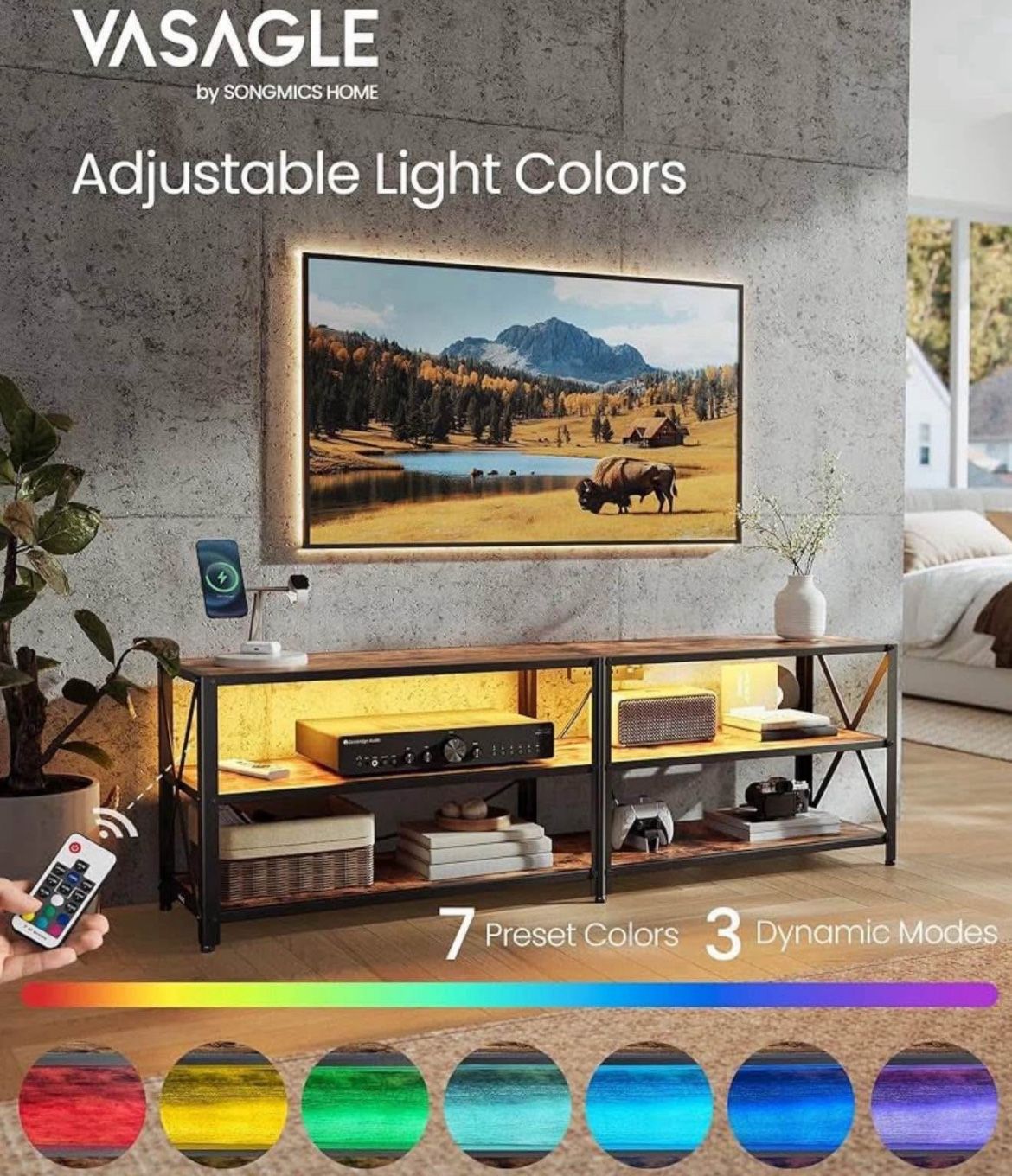 TV Stand with Power Outlets and LED Lights, for TVs up to 65 Inches, Entertainment Center with Open Storage Shelves, TV Console Table for 