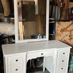 Vintage desk with drawers antique vanity with mirror pure white L52”*D20”*H32”(address in description 