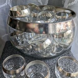 Mid century Punch Powl W 25+ Glasses-silverplate Rims