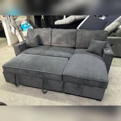 Dark gray corduroy sectional sleeper sofa with pull out bed