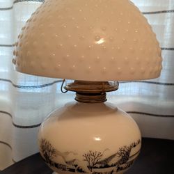 Vintage 1960's Currier & Ives Hobnail Milk Glass Shade Oil Lamp Lantern