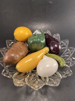 VTG Federal Glass Petal Pattern Clear Glass Bowl + Glass Veggie Decor