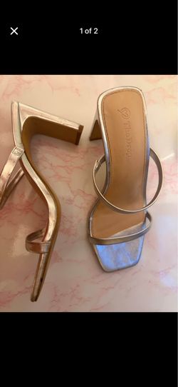 The Drop Avery silver square-toe two-strap block heel sandals Size 8