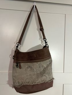 Myra Shoulder Bag. Brown canvas and leather l