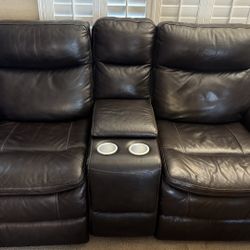 Dark Brown Leather Dual Power Reclining Loveseat with Console, USB Charging, and Cup Holders – Both seats recline with independent power footrests