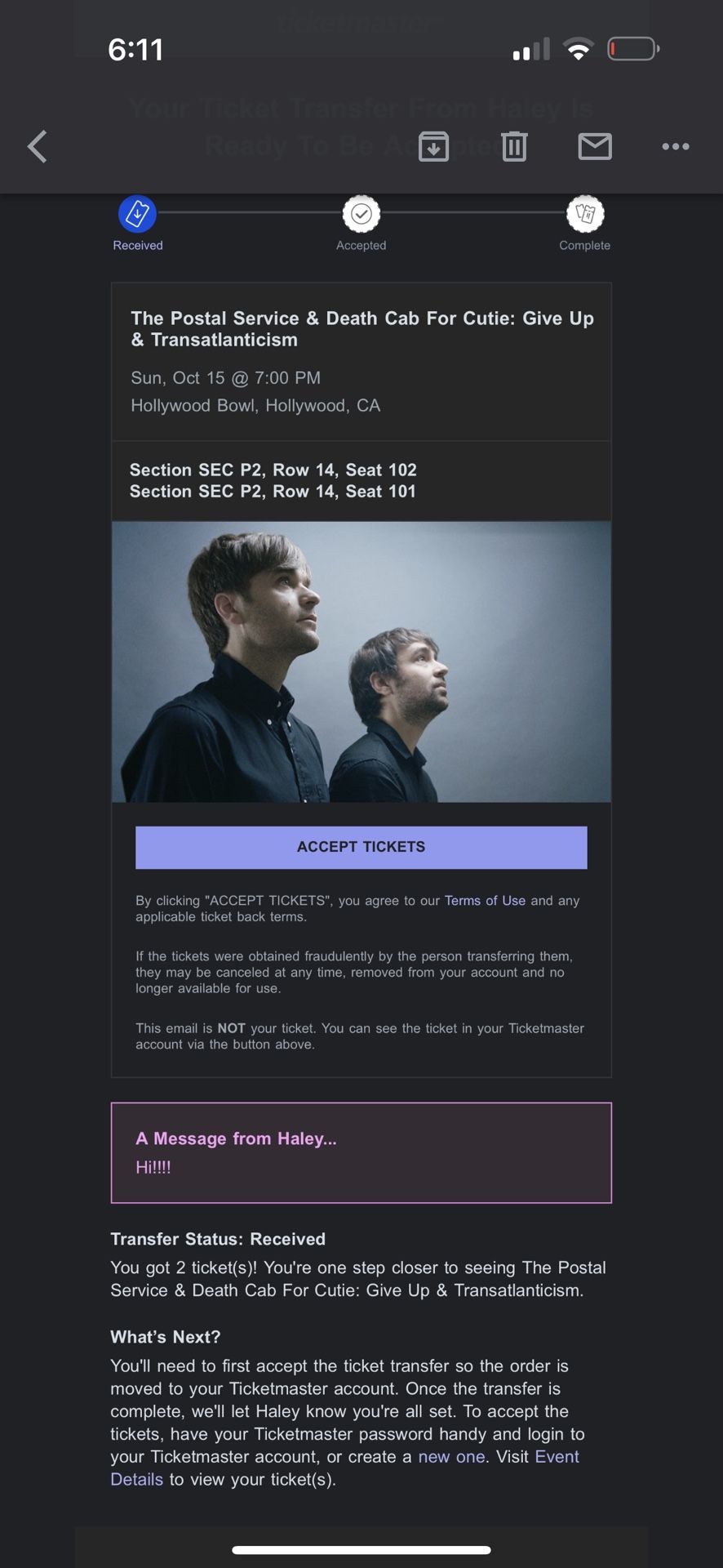 (2) Death Cab For cutie / Postal service Tickets Oct 15