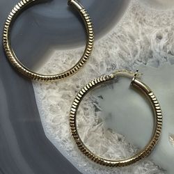 Sterling Silver Etched Hoop Overlay Gold Earrings 