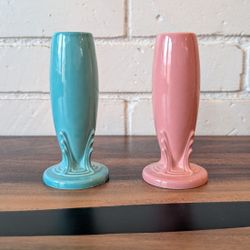 Vintage FIESTA pair of Art Deco Bud Vases Pink Green