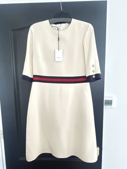 GUCCI Beige Wool-Silk Woven SYLVIE WEB Detailed A-Line Dress 46