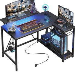 Gaming Desk with Power Outlets, 42" L-Shaped Computer Desk with LED Lights, Desk with Reversible Storage Shelves & Hooks for Small Spaces, Bedrooms & 