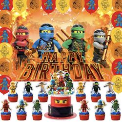 Ninjago Lego Birthday Backdrop, cake & cupcake toppers, balloons
