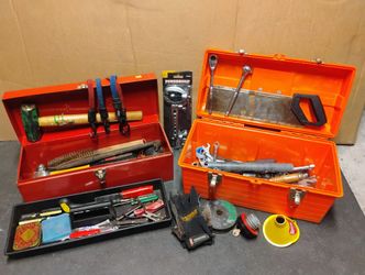 Vintage Tool Boxes With Various Mechanic Tools 