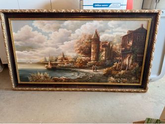 Large Framed Coastal Village Landscape Painting