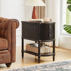 Pre-Assembled Narrow End Table with Charging Station, Black