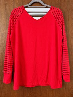 Red V-Neck Long Sleeve Top with Sheer Striped Sleeves – XL
