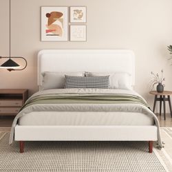 Queen Size Boucle Platform Bed Frame with Adjustable Headboard, Upholstered Cloud Bed, Solid Wooden Legs, Easy Assembly, No Box Spring Needed, White
