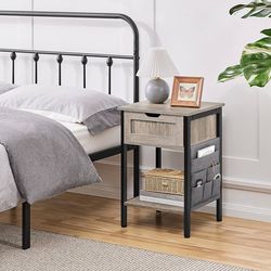 Nightstand with Drawer and Shelf, Bedside Table with Removable Storage Bag, Wooden Bedside Cupboard Sofa Side Table with Steel Legs for Bedroom/Small 