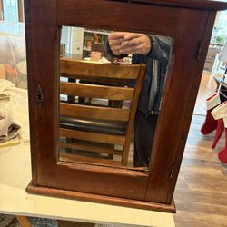 Antique early 1900 Oak medicine cabinet w/mirror. Vintage storage barn wood wall art or table top 