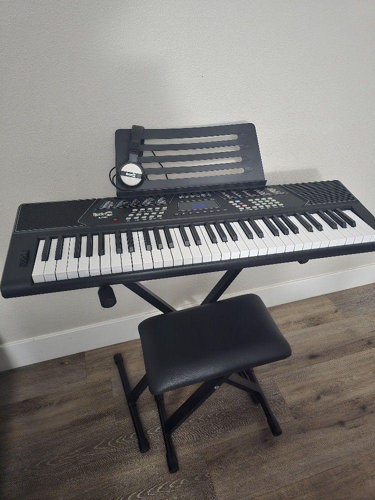 RockJam 61 Key Keyboard Piano Stand With Pitch Bend Kit, Piano Bench, Headphones