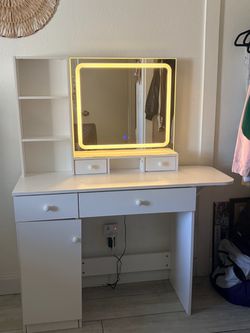 Modern White Vanity with LED Mirror & Built-In Power Outlet