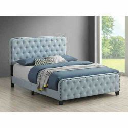 New Modern King Size Bed Frame In Delft Blue Linen Fabric And Nail Head Trim