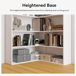 C90 $95  Corner Bookshelf, Freestanding L Shaped Display Shelf, 6 Tiers Bookcase with Baffles, Wooden Bookcase with Storage Organizer for Home Office,