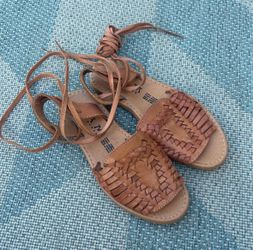 Womens brown LEATHER Open toe lace up flat huarache MEXICAN SANDALS