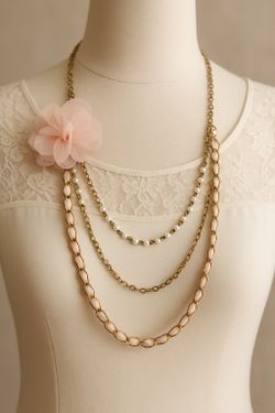 Vintage Blush Floral Chain Necklace Faux Pearls | Romantic Statement Piece  17in