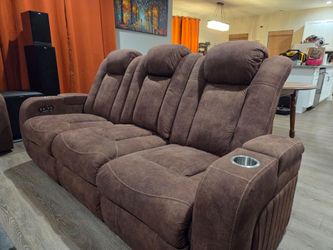 Brown Reclining Sofa with Cup Holders, Storage, Center Console