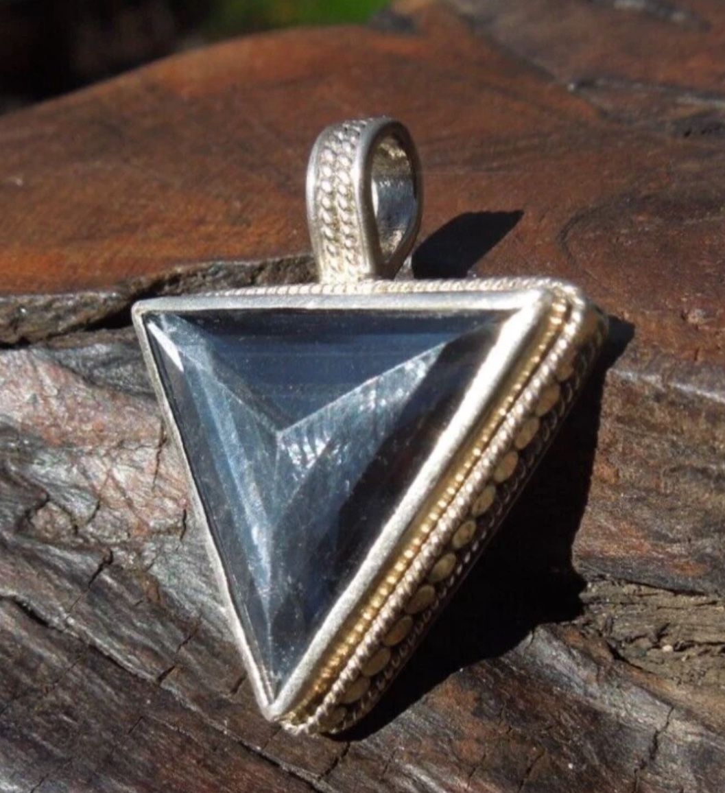 ANNA BECK 925 Sterling Silver Hematite Pebbled Triangle Pendant Signed