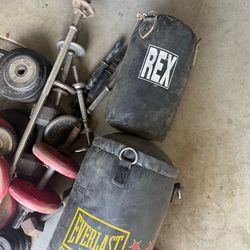 Punching bags and weights.